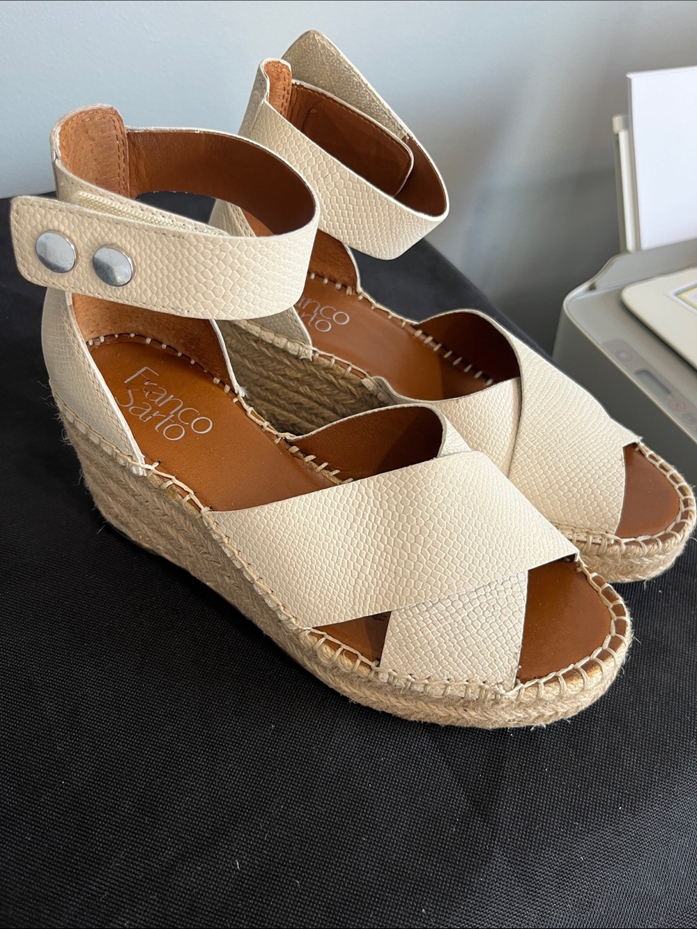 Franco Sarto Beige Crisscross Espadrille Wedge Sandals
